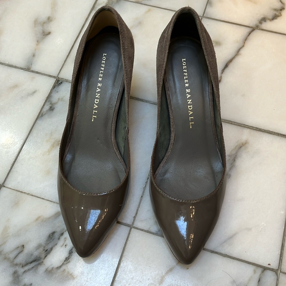 Loeffler Randall patent leather and suede pointed toe wedge